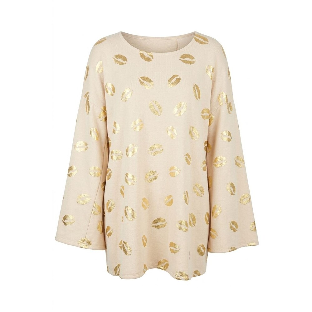P & Rose 2X Plus Cream Sweater Metallic Lips Bell Sleeve Split Back Graphic
